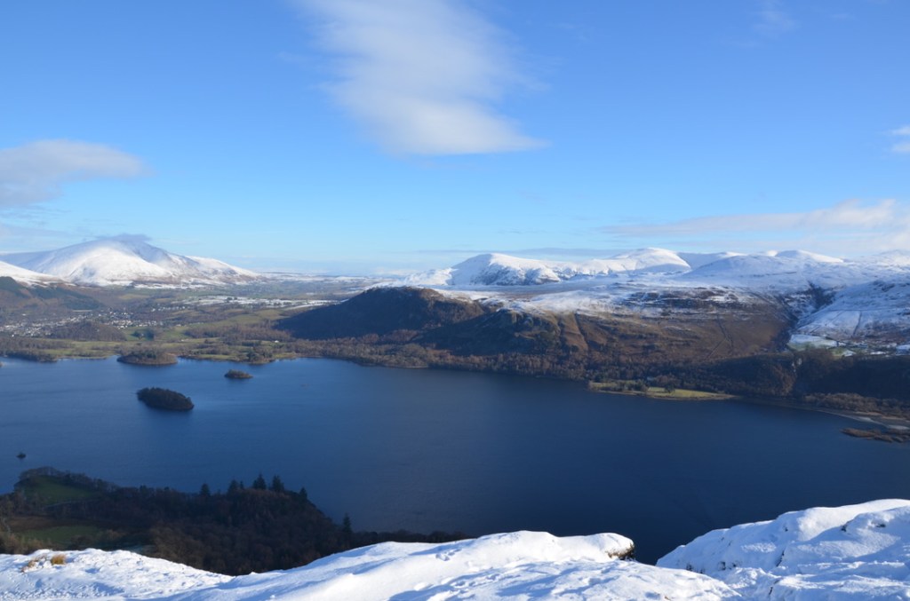 Winter scenery of Derwent water with snow on Skiddaw