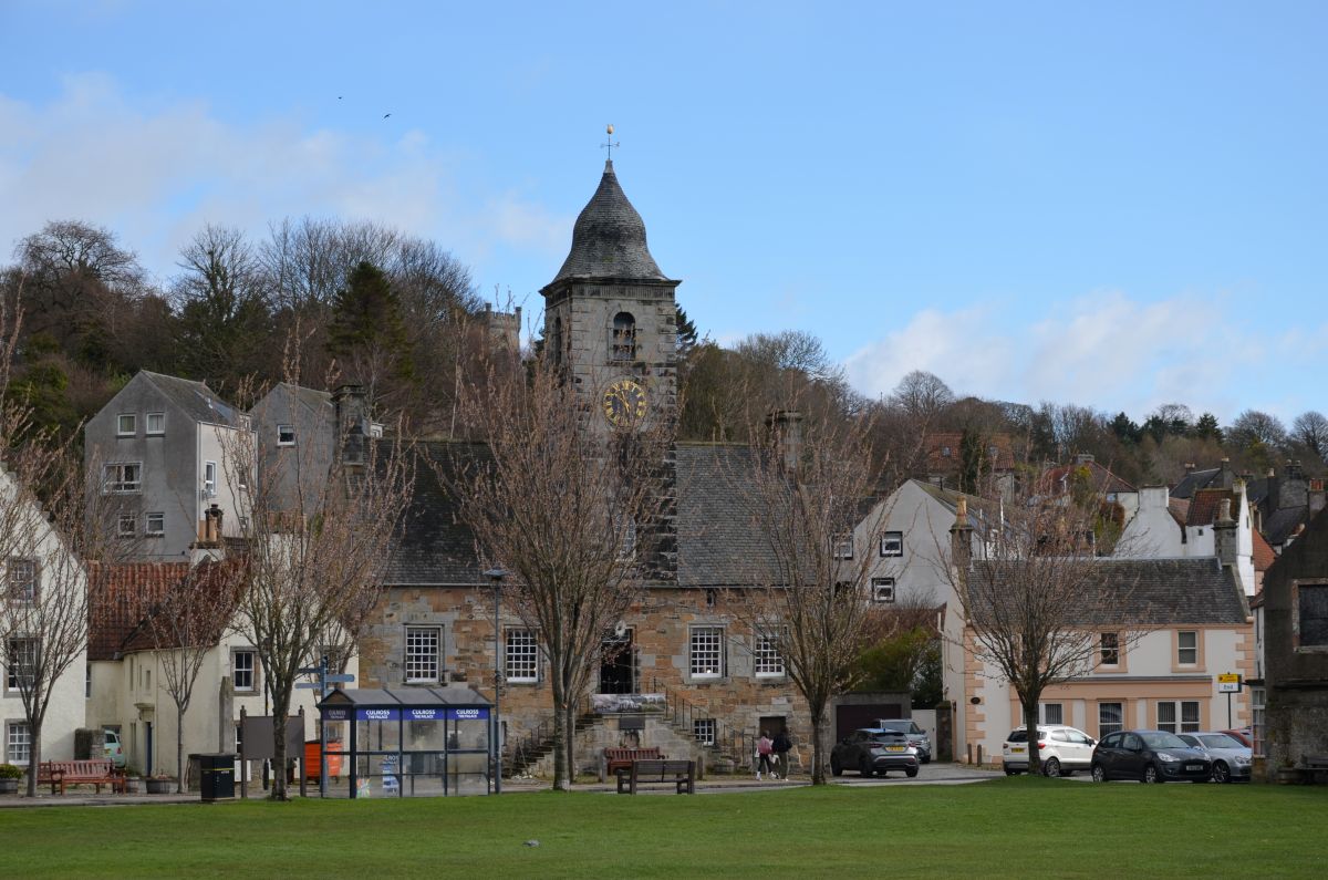 Main street of Culross village with Clock tower