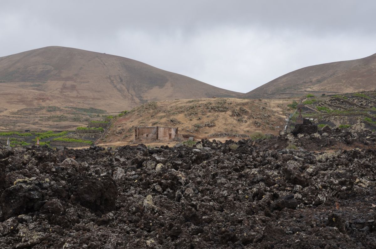 field of lava and volcano